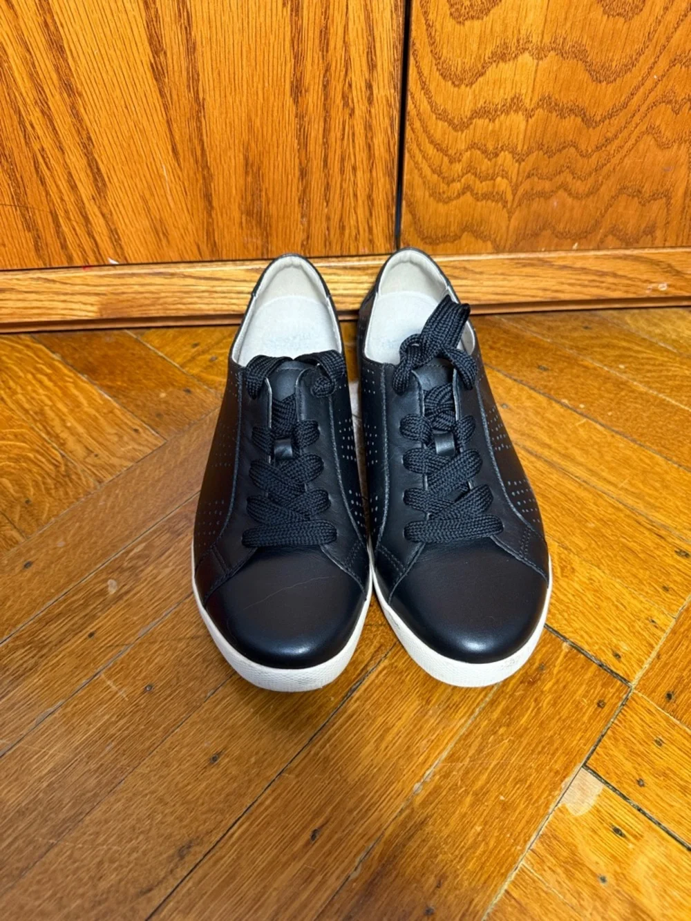 Women’s Black Perforated Lace-Up Sneakers with White Sole